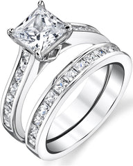 Princess Cut Moissanite Sterling Silver Bridal Engagement & Wedding Ring Set