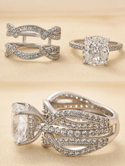 2 PC Cushion Cut Moissanite Sterling Silver Bridal Wedding & Engagement Ring Set with Enhancer Bands