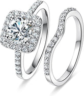 2 PC Round Brilliant Cut Moissanite Halo Wedding Engagement Promise Eternity Ring for Women