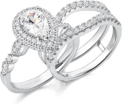 2PC Pear Cut CVD Diamond Sterling Silver Engagement Ring Set with Wedding Band for Women