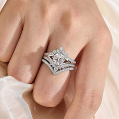 2 PC Round Cut Moissanite Chevron Bridal Set Wedding Rings for Women in Sterling Silver