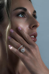 2 PC Round Moissanite Crown Halo Sterling Silver Bridal Wedding & Engagement Ring Set for Women