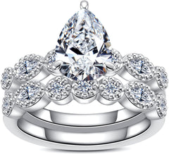 2 PC Pear Cut Moissanite Sterling Silver Bridal Wedding & Engagement Ring Set for Women