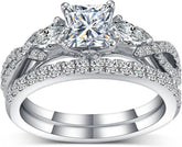 2 PC Princess Cut 3-Stone Infinity CVD Diamond Sterling Silver Bridal Wedding & Engagement Ring Set for Women