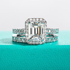 2PC 3CT Sterling Silver Emerald Cut Moissanite Bridal Sets