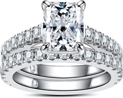 2PC Emerald Cut Moissanite 925 Sterling Silver Bridal Engagement & Wedding Ring Set for Women
