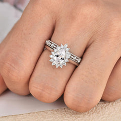 2PC Halo Pear Cut Moissanite 925 Sterling Silver Bridal Engagement & Wedding Ring Set for Women