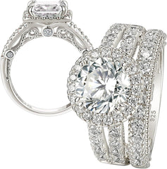 2 PC Round Brilliant Cut Moissanite Sterling Silver Bridal Wedding & Engagement Ring Set for Women