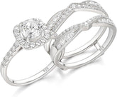 2 PC Round Brilliant Cut CVD Diamond Sterling Silver Bridal Engagement Ring Set Enhancer Wrap Band