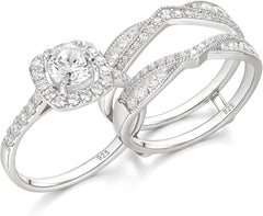 2 PC Round Brilliant Cut Moissanite Sterling Silver Bridal Engagement Ring Set with Enhancer Wrap Band
