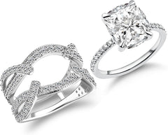2 PC Cushion Cut CVD Diamond Sterling Silver Bridal Wedding & Engagement Ring Set with Enhancer Bands