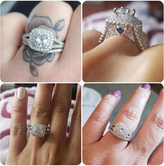 2 PC Round Brilliant Cut Moissanite & Created Blue Sapphire Sterling Silver Bridal Wedding & Engagement Ring Set for Women