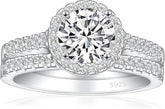 2 PC Round Cut Halo Moissanite Sterling Silver Bridal Wedding & Engagement Ring Set for Women