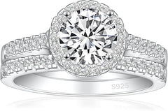 2 PC Round Cut Halo Moissanite Sterling Silver Bridal Wedding & Engagement Ring Set for Women