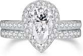 Teardrop (Pear Cut) Halo Moissanite 925 Sterling Silver Bridal Engagement & Wedding Ring Set for Women