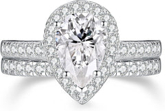 Teardrop (Pear Cut) Halo Moissanite 925 Sterling Silver Bridal Engagement & Wedding Ring Set for Women