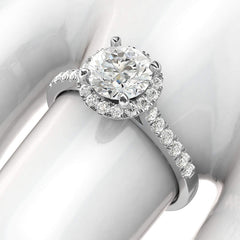 Round Brilliant Cut Moissanite Sterling Silver Halo Engagement Ring with Side Stones