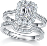 2 PC Emerald Cut Halo Moissanite Sterling Silver Bridal Wedding & Engagement Ring Set for Women