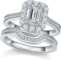 2 PC Emerald Cut Halo Moissanite Sterling Silver Bridal Wedding & Engagement Ring Set for Women