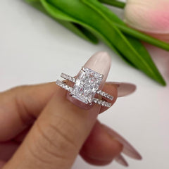 2 PC Radiant Cut Moissanite Sterling Silver Bridal Wedding & Engagement Ring Set for Women