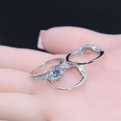 3 PC Halo Round White Moissanite Sterling Silver Trio Bridal Wedding & Engagement Ring Set for Women