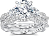2 PC Round Brilliant Cut Moissanite Three-Stone Pavé Twist Bridal Wedding & Engagement Ring Set for Women