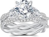2 PC Round Brilliant Cut CVD Diamond Three-Stone Pavé Twist 18K Gold Bridal Wedding & Eng