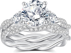 2 PC Round Brilliant Cut Moissanite Three-Stone Pavé Twist Bridal Wedding & Engagement Ring Set for Women