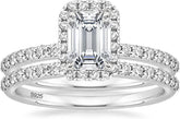 Emerald Cut Moissanite Sterling Silver Vintage Bridal Engagement Ring & Wedding Band Set for Women