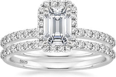 Emerald Cut Moissanite Sterling Silver Vintage Bridal Engagement Ring & Wedding Band Set for Women