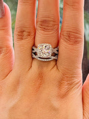 2 PC Round Cut Moissanite Halo 925 Sterling Silver Bridal Engagement & Wedding Ring Set for Women