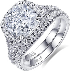 2 PC Cushion Cut CVD Diamond Split Shank Sterling Silver Bridal Wedding & Engagement Ring Set for Women