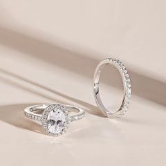 2 PC Oval Cut Halo Moissanite Sterling Silver Bridal Wedding & Engagement Ring Set for Women