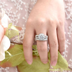 2 PC Round Brilliant Cut Moissanite Sterling Silver Bridal Wedding & Engagement Ring Set for Women