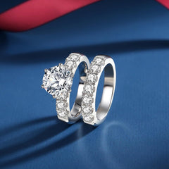 2 PC Round Cut Moissanite Sterling Silver Bridal Engagement Ring Set & Wedding Band for Women