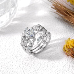3 PC Heart Cut CVD Diamond Sterling Silver Leaf Design Bridal Wedding & Engagement Ring Set for Women