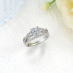 2 PC Princess Cut 3-Stone Infinity Moissanite Sterling Silver Bridal Wedding & Engagement Ring Set for Women