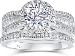 2 PC Round Brilliant Cut Halo CVD Diamond Sterling Silver Bridal Wedding & Engagement Ring Set with Triple-Row Band