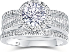 2 PC Round Brilliant Cut Halo Moissanite Sterling Silver Bridal Wedding & Engagement Ring Set with Triple-Row Band