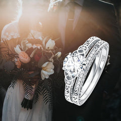 2 PC Vintage Round Cut Moissanite Sterling Silver Bridal Wedding & Engagement Ring Set for Women