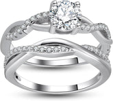2 PC Round Brilliant Cut CVD Diamond Sterling Silver Solitaire Bridal Wedding Engagement Ring Set for Women