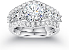 3 PC Round Brilliant Cut CVD Diamond 7-Stone Three-Row 925 10K Gold Bridal Wedding & Engagement Ring Set for Women