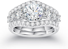 3 PC Round Brilliant Cut Moissanite 7-Stone Three-Row 925 Sterling Silver Bridal Wedding & Engagement Ring Set for Women