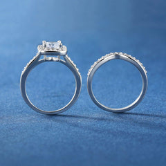 2 PC Round Brilliant Cut Moissanite Halo Wedding Engagement Promise Eternity Ring for Women