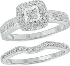 2 PC Square Halo Moissanite Sterling Silver Bridal Wedding & Engagement Ring Set for Women