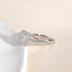 Emerald Cut Moissanite Sterling Silver Vintage Bridal Engagement Ring & Wedding Band Set for Women
