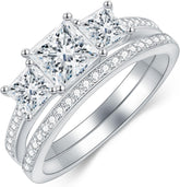 2 PC Princess Cut 3-Stone CVD Diamond Bridal Wedding & Engagement Ring Set for Women