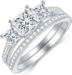 2 PC Princess Cut 3-Stone CVD Diamond Bridal Wedding & Engagement Ring Set for Women