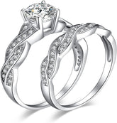 2 PC Round Cut Moissanite Sterling Silver Wedding Band & Promise Ring Set for Women