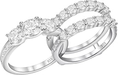 2 PC Round Cut Moissanite Three-Stone Sterling Silver Bridal Wedding & Engagement Ring Enhancer Set for Women